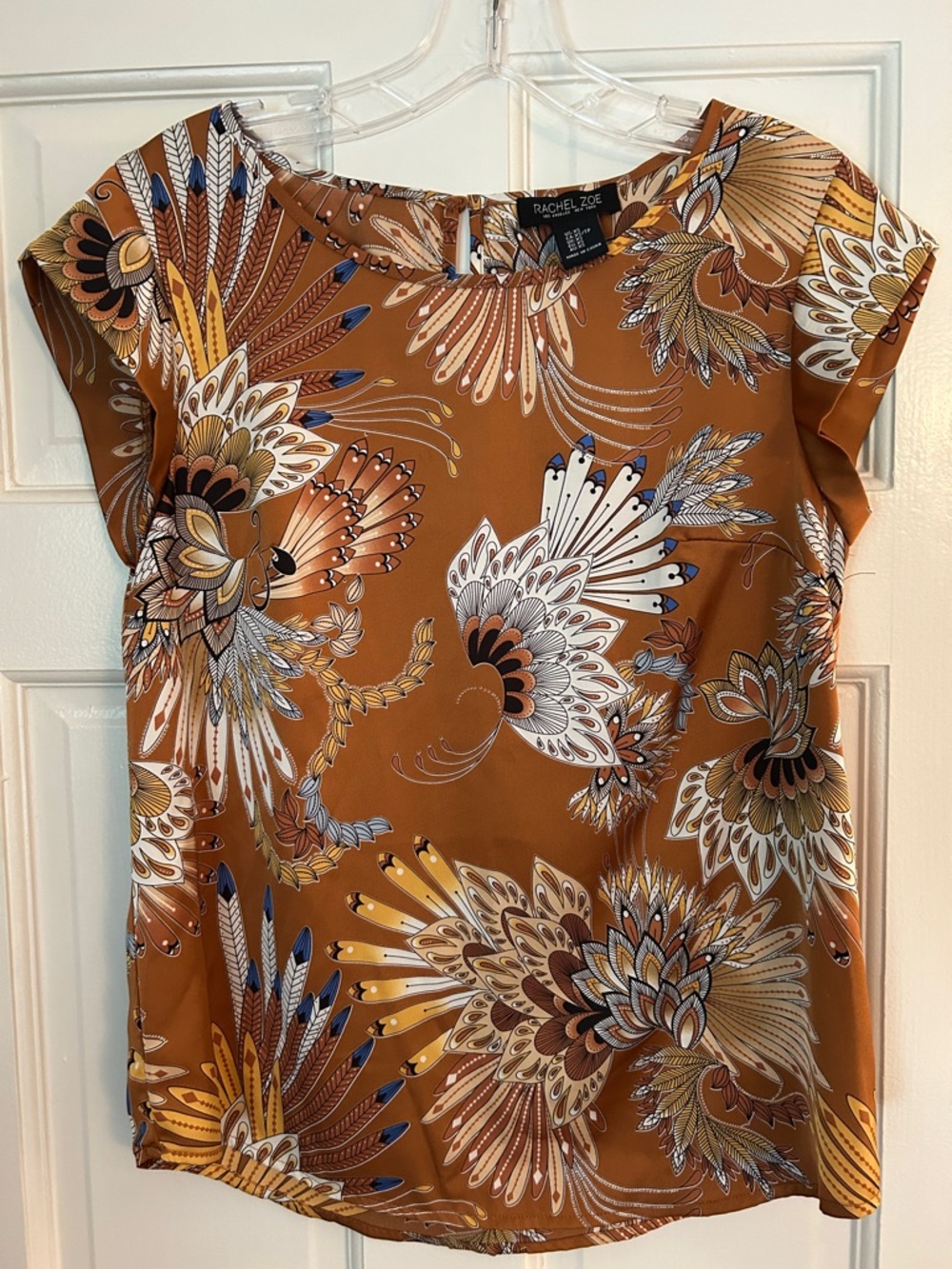 RACHEL ZOE Rust Floral-Print Short-Sleeve Blouse with Navy & Cream Accents